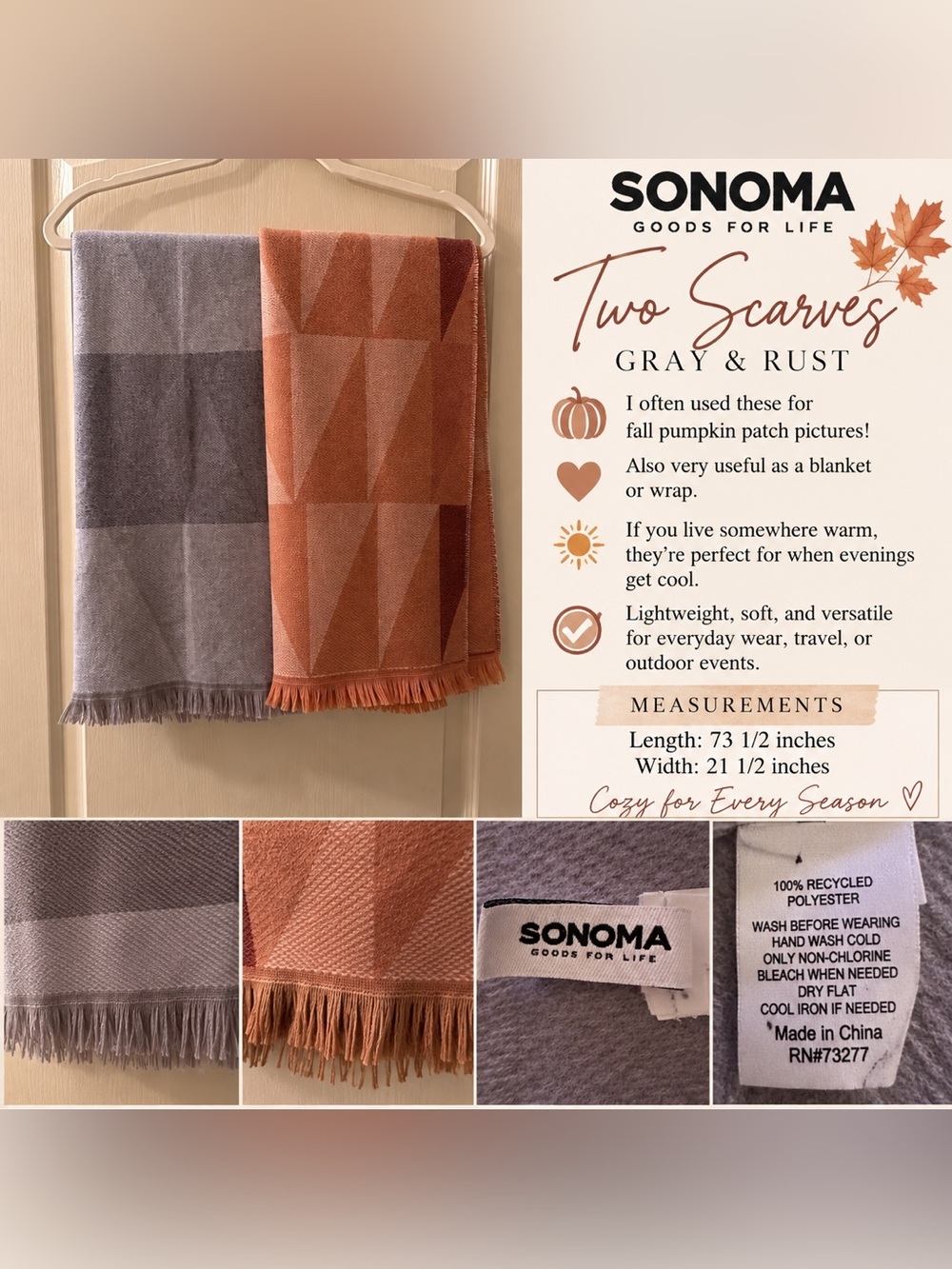 SONOMA Gray & Rust Geometric Fringe Scarf Duo